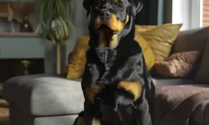 Rottweiler, wierny pies stróżujący na podwórko, siedzi na kanapie w salonie.