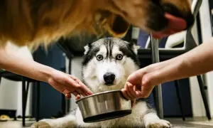 Siberian husky z niebieskimi oczami czeka na laremid dla psa. Dwie ręce trzymają miskę, a nad nim wisi inny pies.