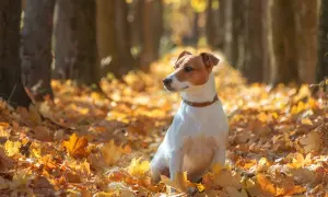 Jesienny spacer z psem wśród liści. Czy pies może jeść kasztany? Ten uroczy Jack Russell Terrier siedzi w złotym dywanie liści, zastanawiając się nad jesiennymi przysmakami.