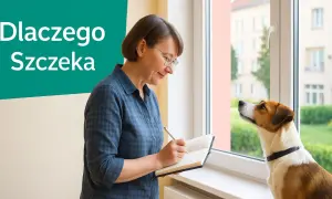 Kobieta notuje, a pies szczeka na wszystko, co dzieje się za oknem.