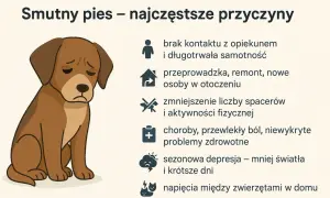Smutny pies z opuszczonymi uszami. Powody jego smutku: samotność, zmiany, mniej spacerów, choroby, depresja, konflikty z innymi zwierzętami. Pies traktuje mnie jak zasób, gdy go zaniedbuję.