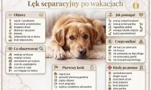 Czy lęk separacyjny u psa mija? Obraz pokazuje objawy, jak pomagać i czego unikać, by pies odzyskał spokój po rozłące.