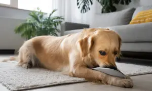 Złoty retriever gryzie kapcia, co może być sygnałem, że trzeba dowiedzieć się, jak pozbyć się zapachu moczu z kanapy.