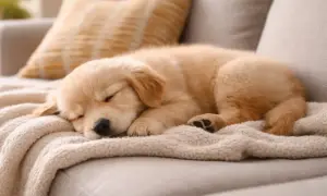 Uroczy szczeniak golden retriever śpi na kanapie, zwinięty w kłębek na miękkim kocu. Może mu się śni, że pies szczeka przez sen.