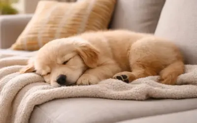 Uroczy szczeniak golden retriever śpi na kanapie, zwinięty w kłębek na miękkim kocu. Może mu się śni, że pies szczeka przez sen.