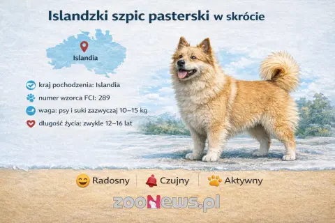 Radosny islandzki szpic pasterski, pies pasterski z Islandii, z puszystym ogonem, waga 10-15 kg, żyje 12-16 lat.