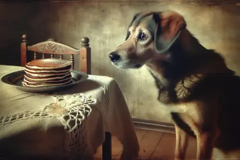 Pies wpatruje się w stos naleśników na stole. Czy pies może jeść naleśniki? To pytanie zadaje sobie każdy właściciel czworonoga.