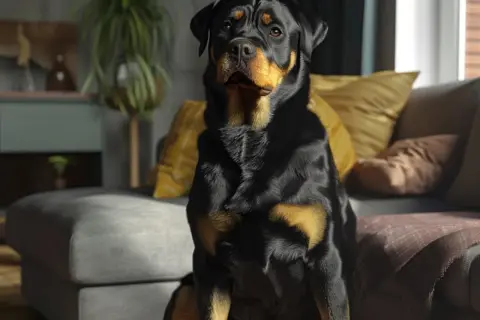 Rottweiler, wierny pies stróżujący na podwórko, siedzi na kanapie w salonie.
