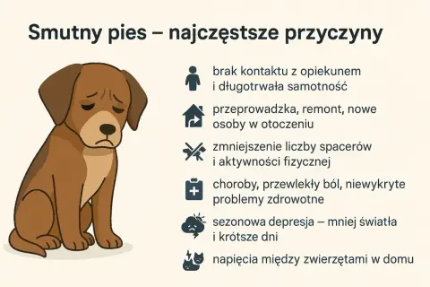 Smutny pies z opuszczonymi uszami. Powody jego smutku: samotność, zmiany, mniej spacerów, choroby, depresja, konflikty z innymi zwierzętami. Pies traktuje mnie jak zasób, gdy go zaniedbuję.