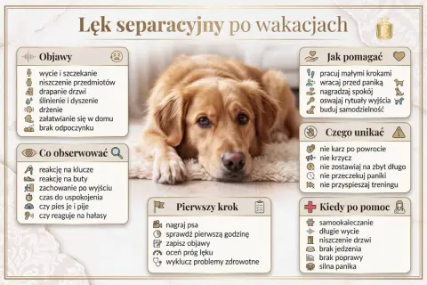 Czy lęk separacyjny u psa mija? Obraz pokazuje objawy, jak pomagać i czego unikać, by pies odzyskał spokój po rozłące.