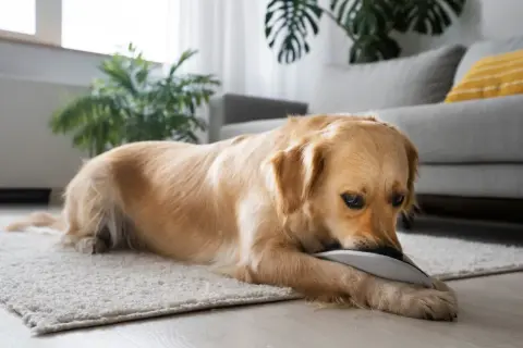 Złoty retriever gryzie kapcia, co może być sygnałem, że trzeba dowiedzieć się, jak pozbyć się zapachu moczu z kanapy.