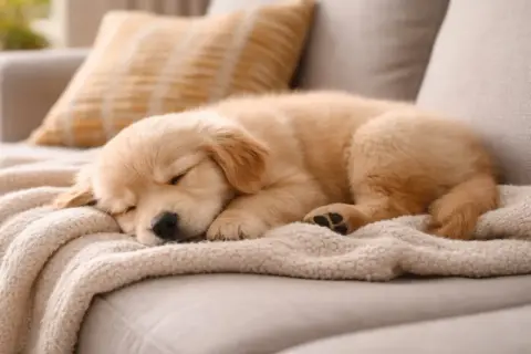 Uroczy szczeniak golden retriever śpi na kanapie, zwinięty w kłębek na miękkim kocu. Może mu się śni, że pies szczeka przez sen.