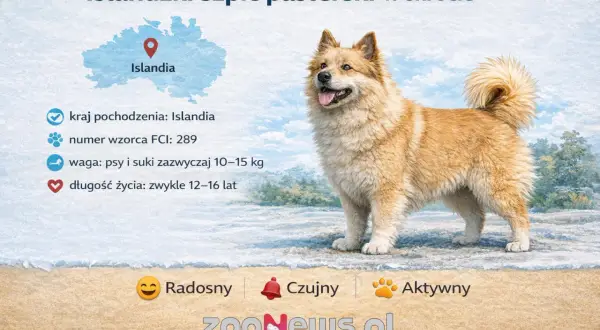 Radosny islandzki szpic pasterski, pies pasterski z Islandii, z puszystym ogonem, waga 10-15 kg, żyje 12-16 lat.