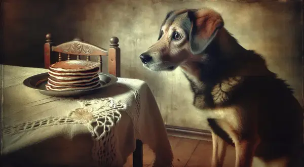 Pies wpatruje się w stos naleśników na stole. Czy pies może jeść naleśniki? To pytanie zadaje sobie każdy właściciel czworonoga.
