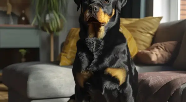Rottweiler, wierny pies stróżujący na podwórko, siedzi na kanapie w salonie.