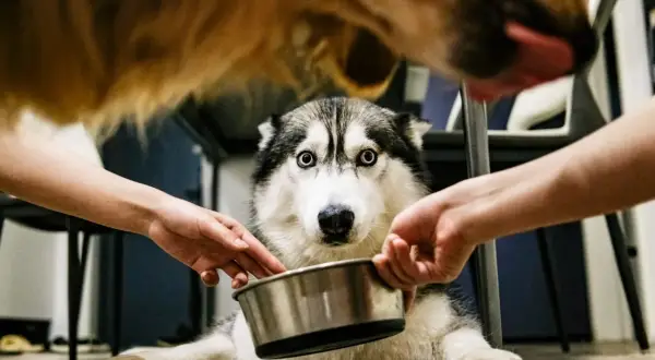 Siberian husky z niebieskimi oczami czeka na laremid dla psa. Dwie ręce trzymają miskę, a nad nim wisi inny pies.