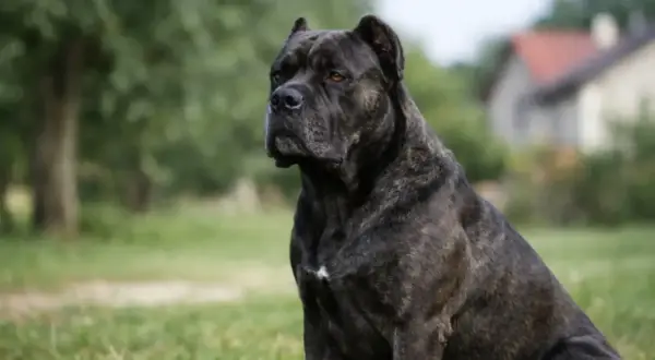 Potężny pies rasy Cane Corso siedzi na trawie. Zastanawiasz się, cane corso ile żyje? Średnio 10-12 lat.