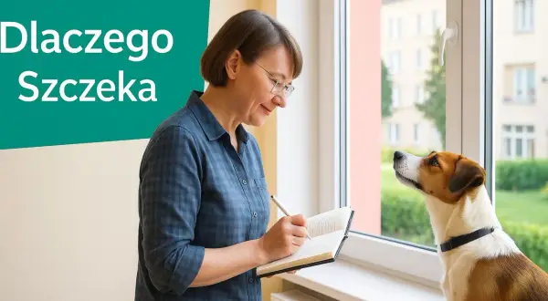 Kobieta notuje, a pies szczeka na wszystko, co dzieje się za oknem.