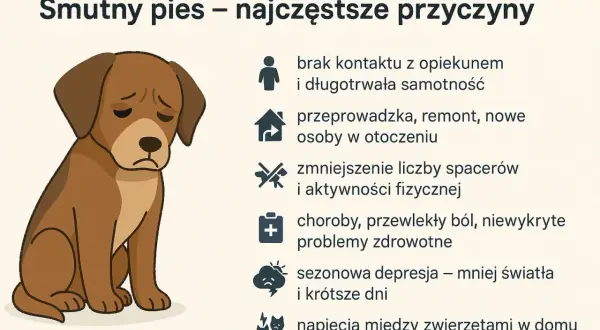 Smutny pies z opuszczonymi uszami. Powody jego smutku: samotność, zmiany, mniej spacerów, choroby, depresja, konflikty z innymi zwierzętami. Pies traktuje mnie jak zasób, gdy go zaniedbuję.