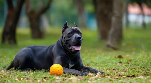 Potężny cane corso, którego imponujący wzrost widać nawet w spoczynku, leży na trawie obok pomarańczowej piłki.