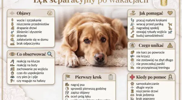 Czy lęk separacyjny u psa mija? Obraz pokazuje objawy, jak pomagać i czego unikać, by pies odzyskał spokój po rozłące.
