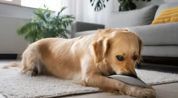 Złoty retriever gryzie kapcia, co może być sygnałem, że trzeba dowiedzieć się, jak pozbyć się zapachu moczu z kanapy.