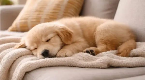 Uroczy szczeniak golden retriever śpi na kanapie, zwinięty w kłębek na miękkim kocu. Może mu się śni, że pies szczeka przez sen.