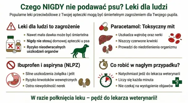 Paracetamol jest toksyczny dla psów, uszkadza wątrobę i nerki. Nigdy nie podawaj go swojemu pupilowi.