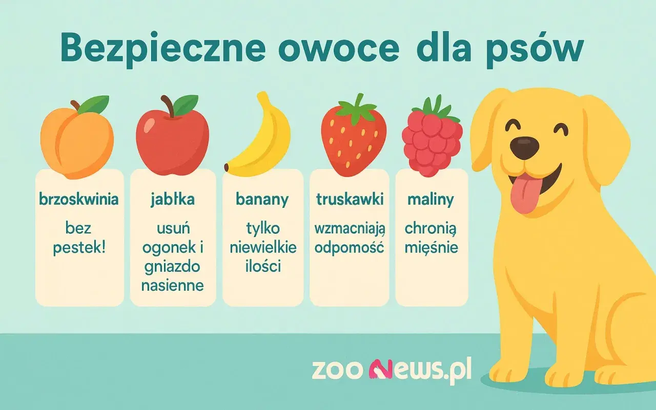 Czy pies może jeść brzoskwinie? Tak, bez pestek! Obrazek pokazuje bezpieczne owoce dla psów: brzoskwinie, jabłka, banany, truskawki i maliny.