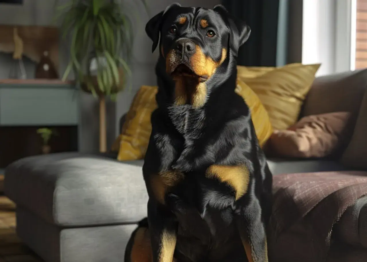 Rottweiler, wierny pies stróżujący na podwórko, siedzi na kanapie w salonie.