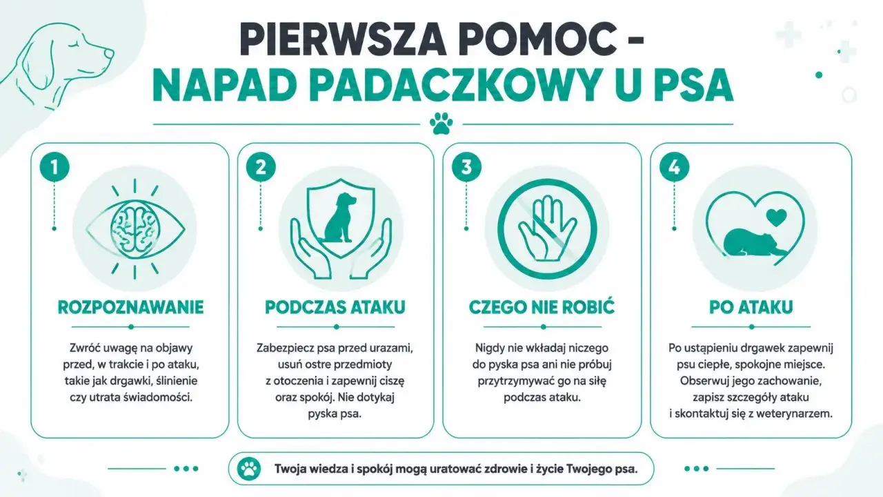 Jak wygląda atak epilepsji u psa: rozpoznawanie, podczas ataku, czego nie robić i po ataku. Poradnik pierwszej pomocy.