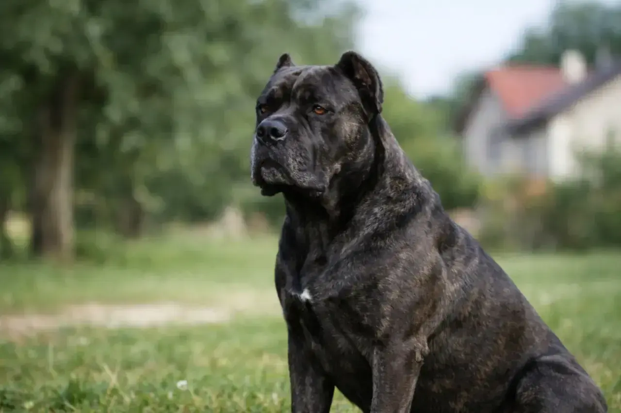 Potężny pies rasy Cane Corso siedzi na trawie. Zastanawiasz się, cane corso ile żyje? Średnio 10-12 lat.