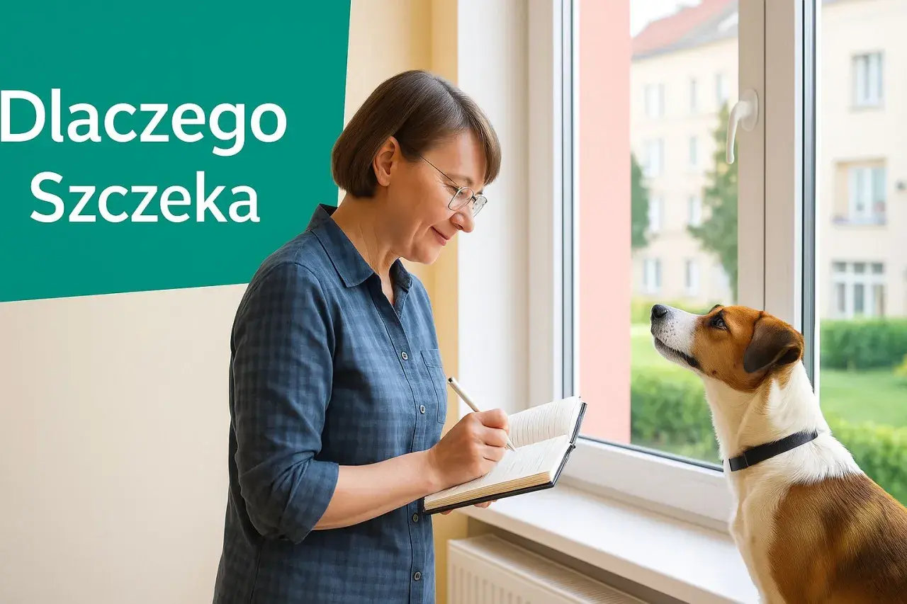 Kobieta notuje, a pies szczeka na wszystko, co dzieje się za oknem.