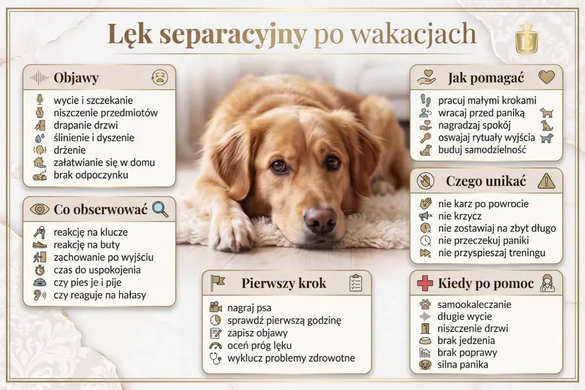 Czy lęk separacyjny u psa mija? Obraz pokazuje objawy, jak pomagać i czego unikać, by pies odzyskał spokój po rozłące.