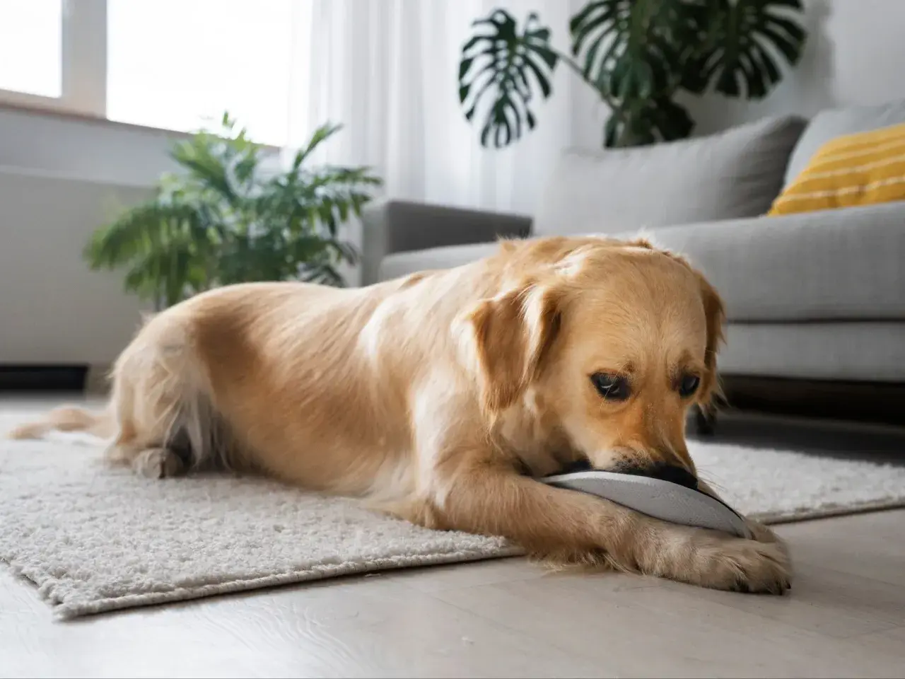 Złoty retriever gryzie kapcia, co może być sygnałem, że trzeba dowiedzieć się, jak pozbyć się zapachu moczu z kanapy.
