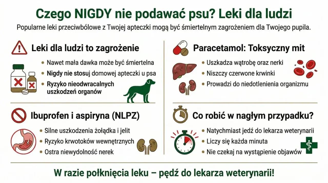 Paracetamol jest toksyczny dla psów, uszkadza wątrobę i nerki. Nigdy nie podawaj go swojemu pupilowi.