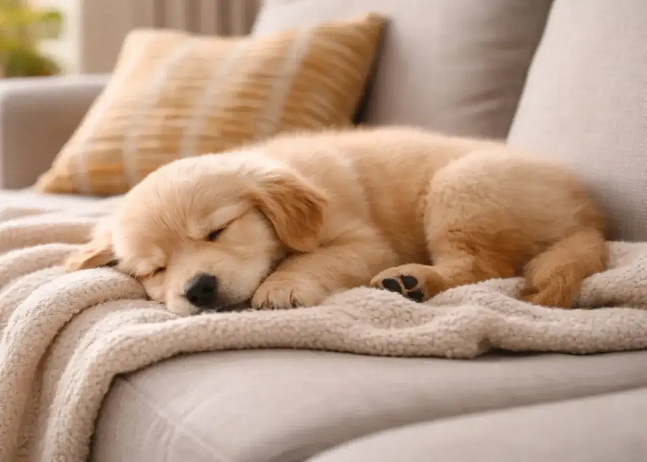 Uroczy szczeniak golden retriever śpi na kanapie, zwinięty w kłębek na miękkim kocu. Może mu się śni, że pies szczeka przez sen.