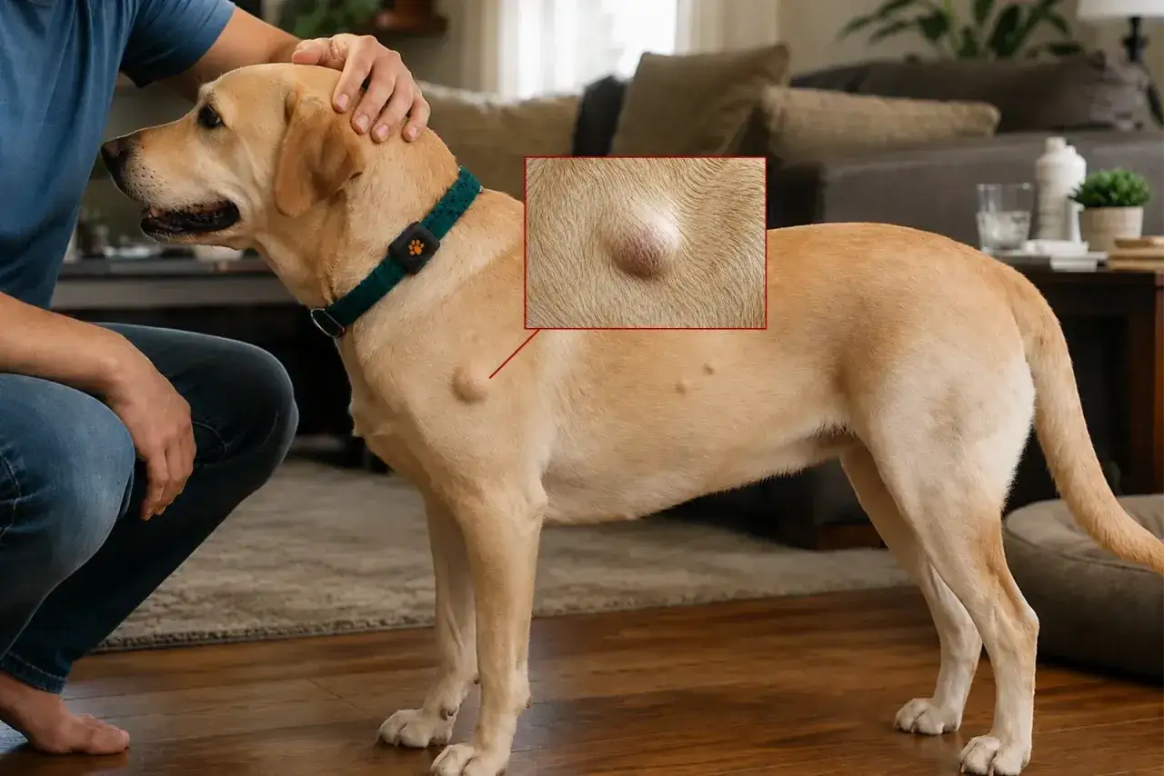 Labrador z widoczną torbielą na boku. Powiększony fragment pokazuje szczeg&oacute;ł guzka.