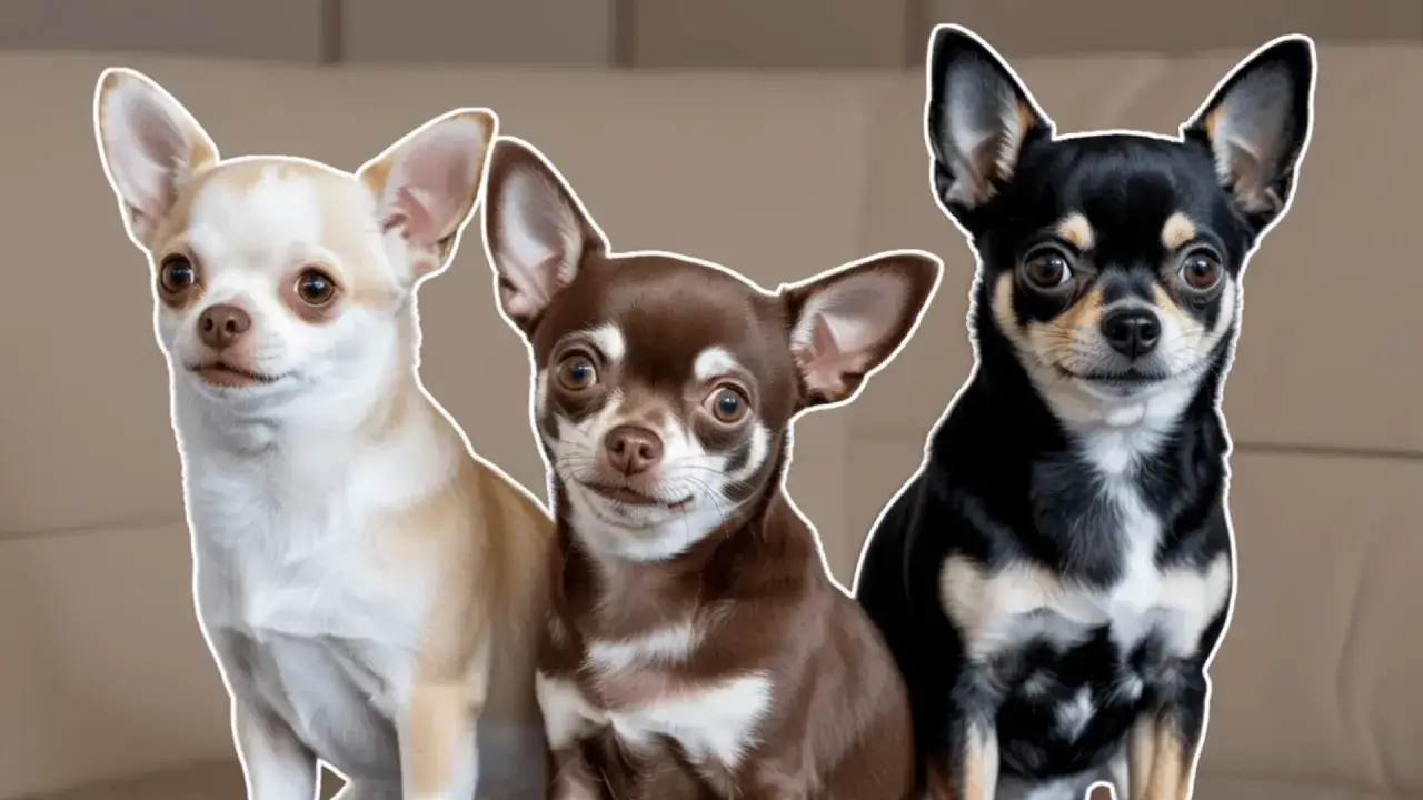 Trzy urocze chihuahua: beżowa, brązowa i czarno-podpalana. Ich duże uszy i bystre oczy pokazują, jak wygląda chihuahua.