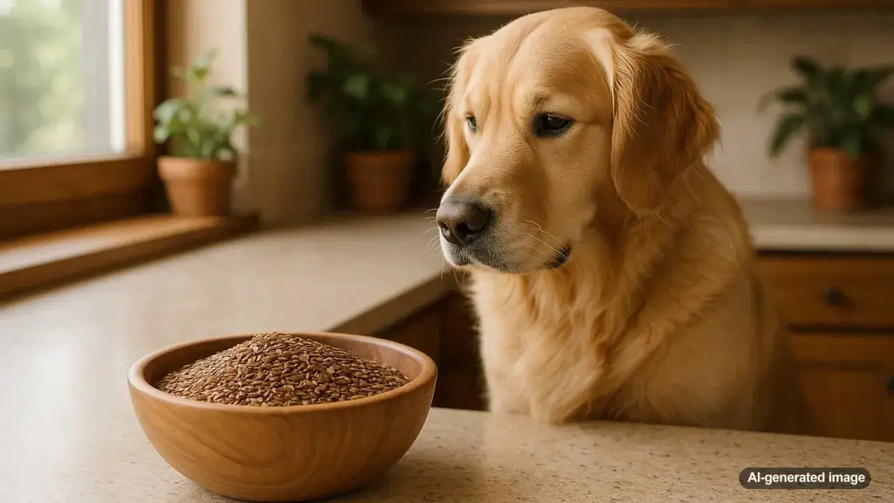 Złoty retriever zastanawia się, czy pies może jeść siemię lniane. Miska z nasionami stoi obok.