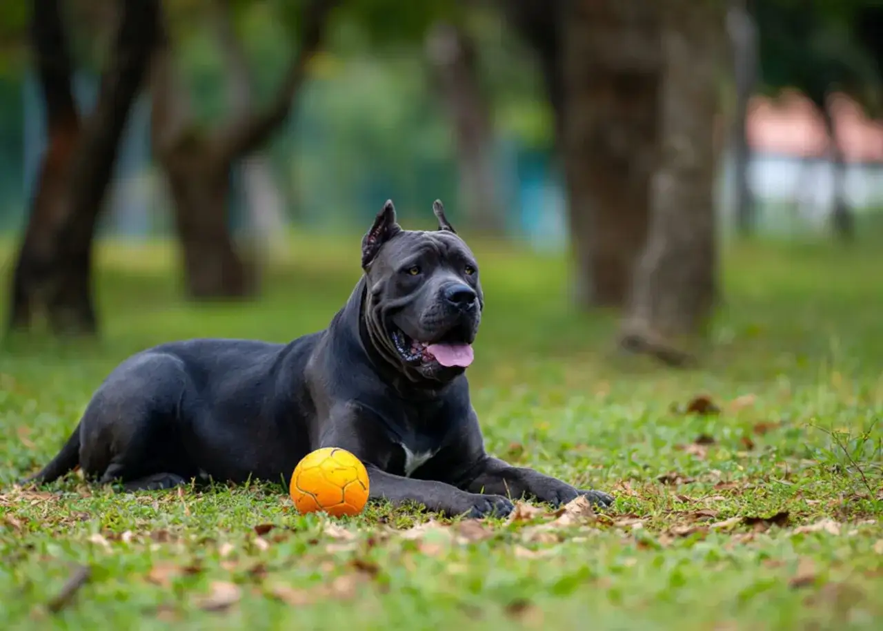 Potężny pies rasy cane corso leży na trawie obok pomarańczowej piłki. Zastanawiasz się, cane corso ile żyje?