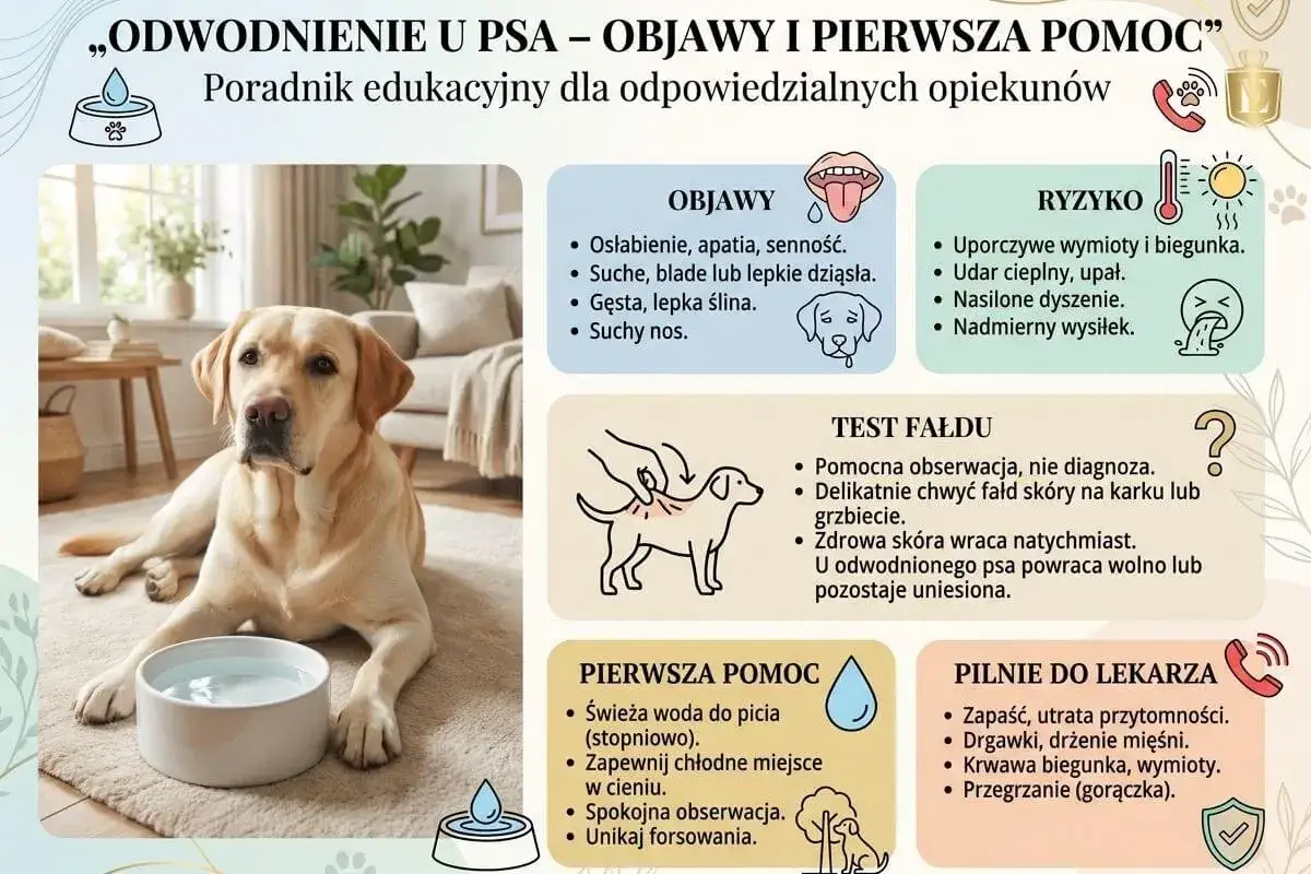 Labrador z miską wody, poradnik o odwodnieniu u psa. Objawy, ryzyko, test fałdu sk&oacute;ry, pierwsza pomoc i kiedy pilnie do lekarza.