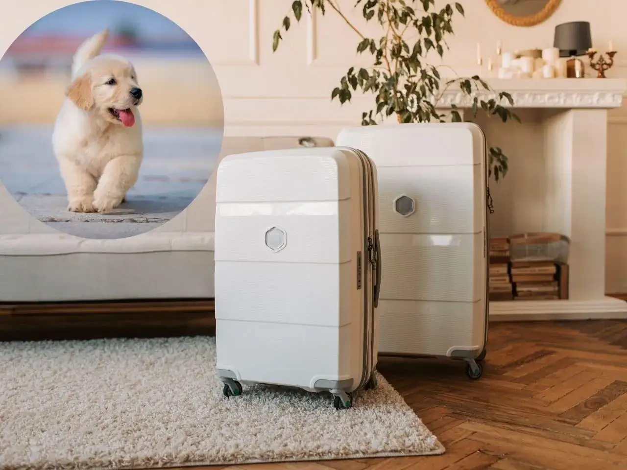 Czy pies czuje że wyjezdzam? Słodki szczeniak golden retriever patrzy na walizki, jakby wyczuwał nadchodzącą podróż.