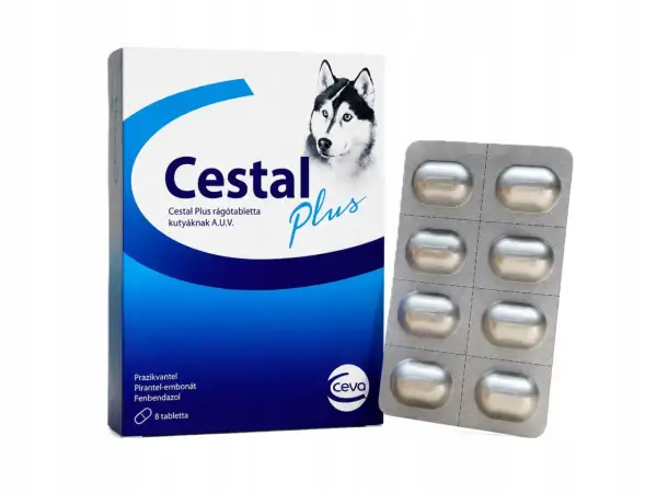Opakowanie Cestal Plus dla psa, zawierające 8 tabletek. Informacje o cimalgex dawkowanie dla psa są na opakowaniu.