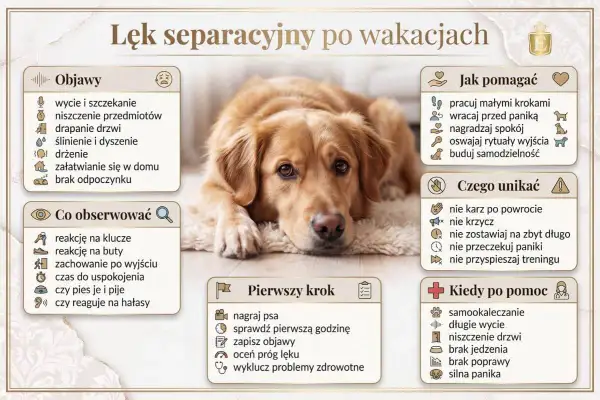 Czy lęk separacyjny u psa mija? Obraz pokazuje objawy, jak pomagać i czego unikać, by pies odzyskał spokój po rozłące.