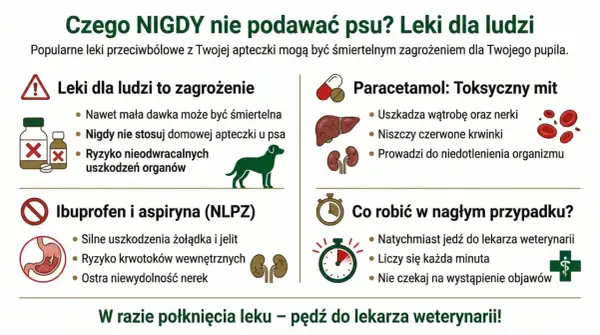 Paracetamol jest toksyczny dla psów, uszkadza wątrobę i nerki. Nigdy nie podawaj go swojemu pupilowi.